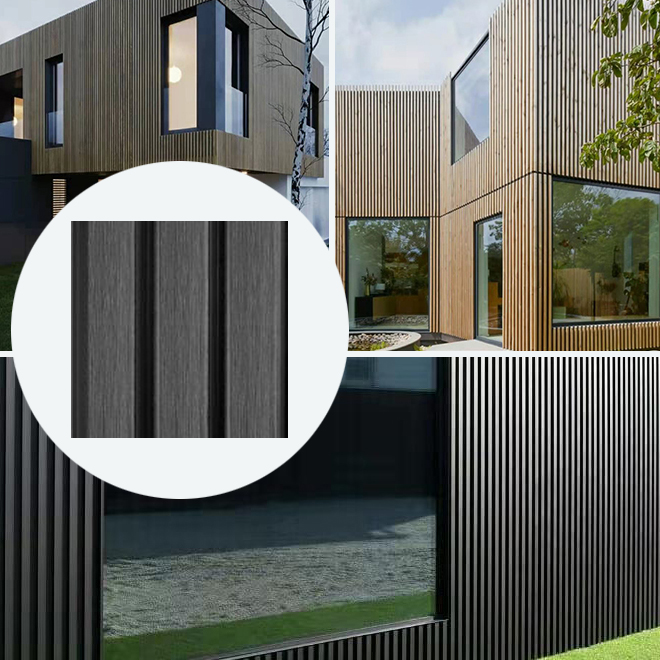 Matte black WPC slatted panels used on luxury home facade