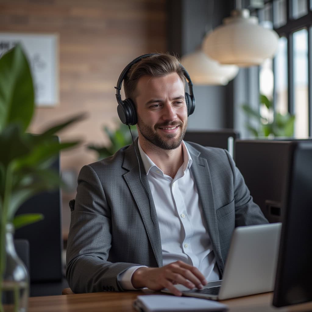 Friendly support representative with headset providing assistance in an office setting.
