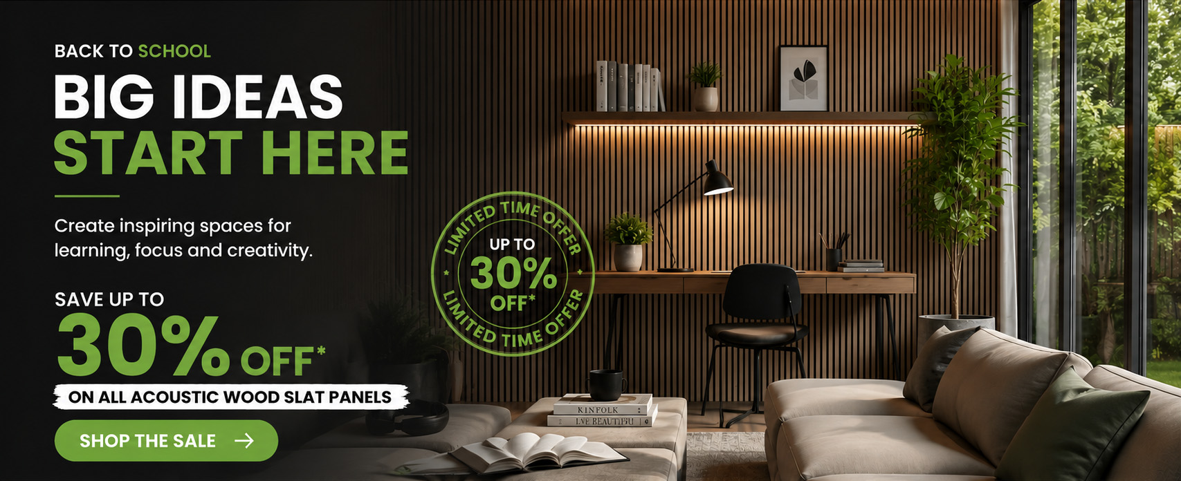 Modern living room with large windows and wood slat panels, summer sale promotion.