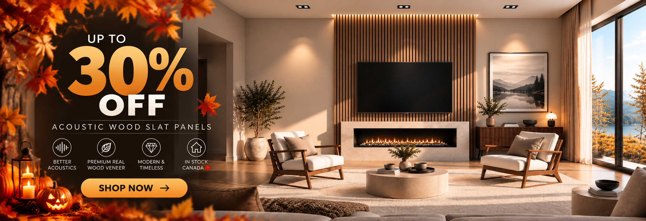 Modern living room with large windows and wood slat panels, summer sale promotion.
